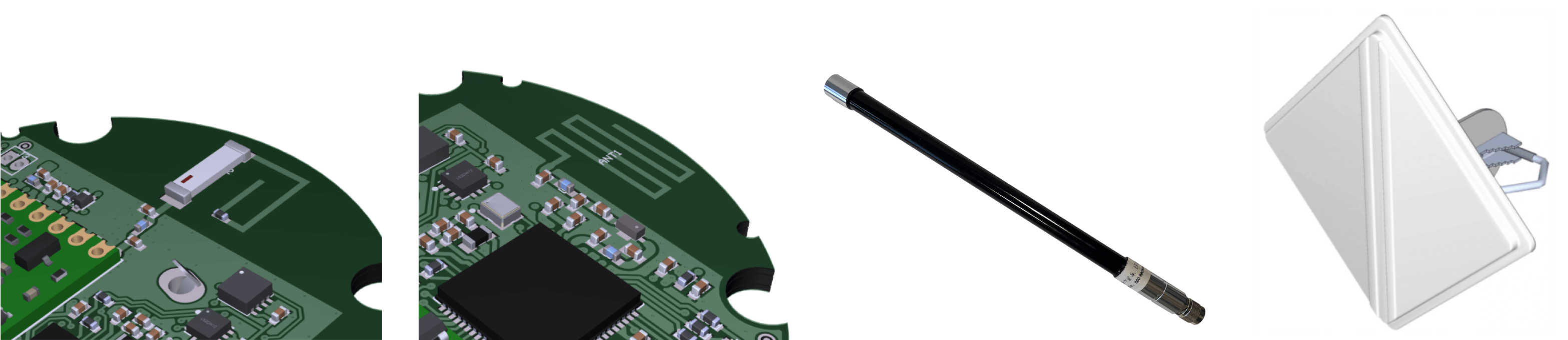 Antenna examples. Left-to-right: chip antenna, pcb antenna, rod omnidirectional antenna, planar directional antenna.